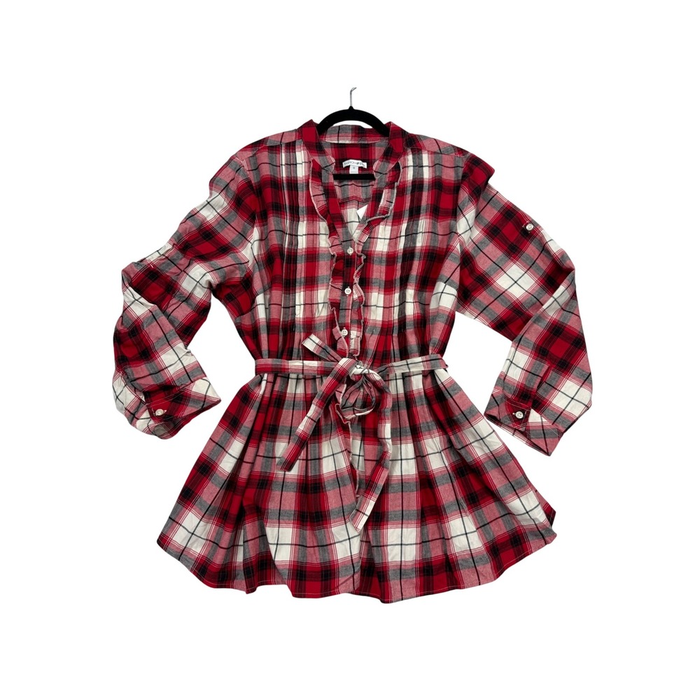 Fashion Bug Plaid Tunic Womens 1X Red New Ruffle Roll Tab Sleeve Waist Tie Top